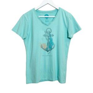 Life is Good Anchor Nautical V-Neck Classic Fit T-Shirt Womens Size S Blue Green